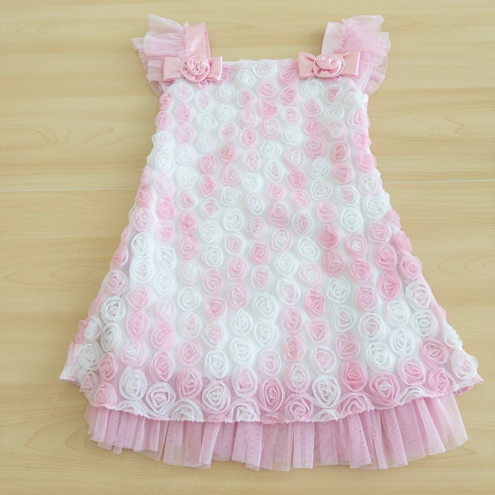 Jona Michelle Girls Dress 4T Pink White 3D Rosette Tulle Ruffle Princess Dainty